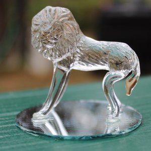 Antique Vtg rare Unusual Miniature Blown Glass Lion on Round Mirror 2.25" Tall
